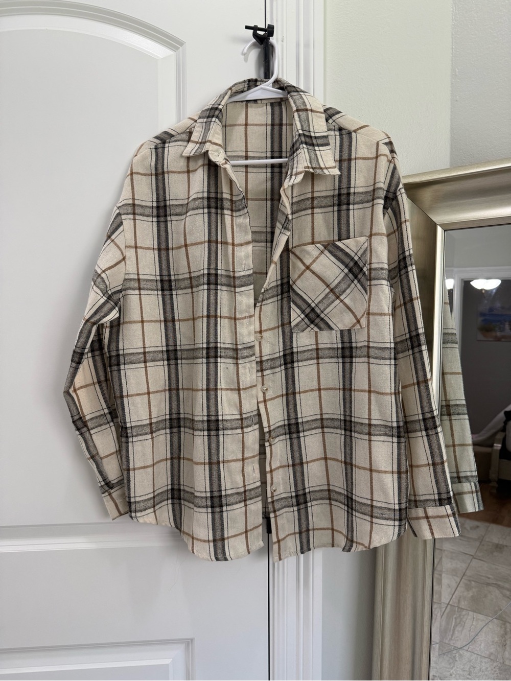Women’s oversized Cream Plaid Button-Up Shirt